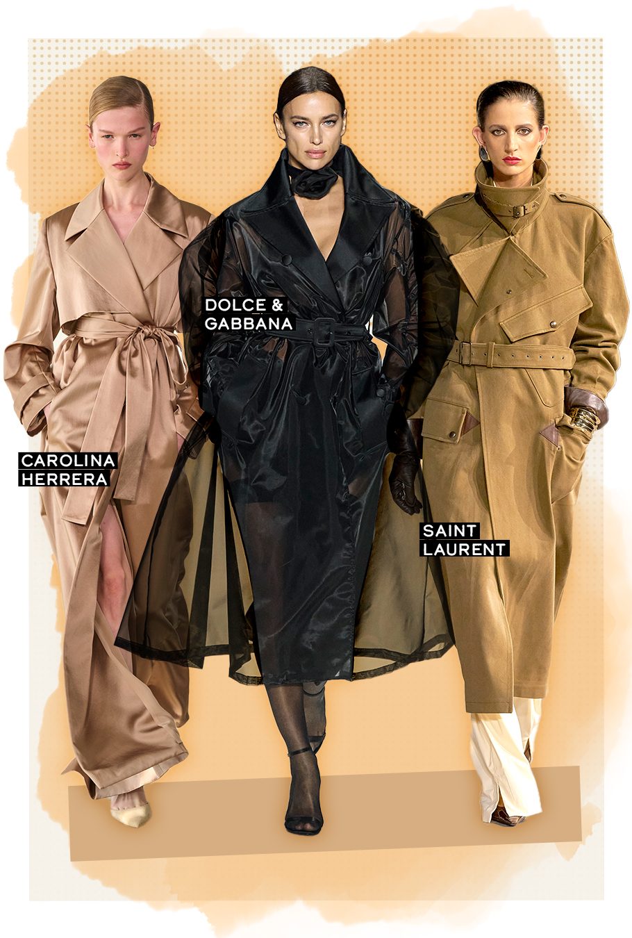 Trench-coat en satin, tulle, coton et cuir.