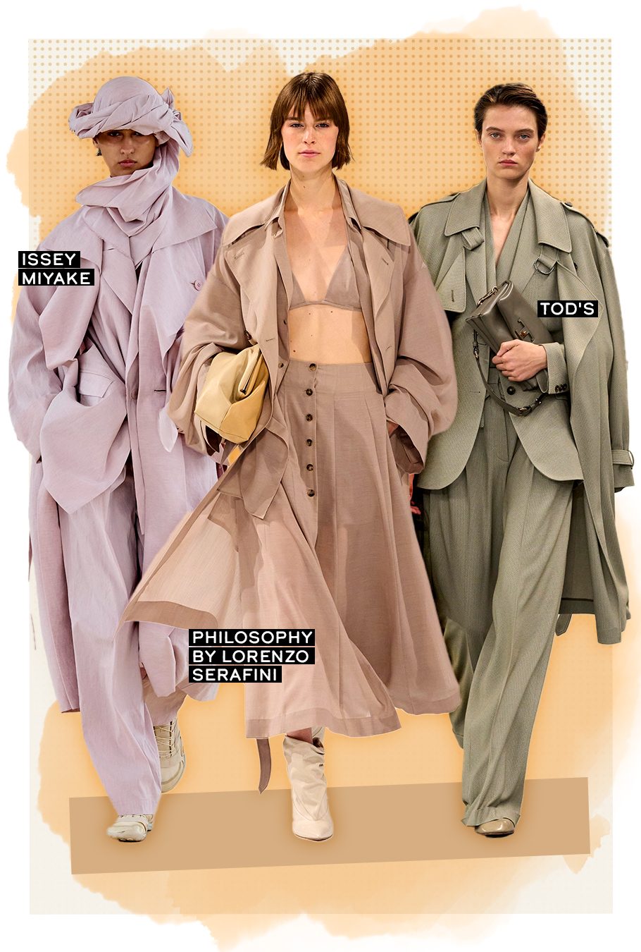 Le trench-coat se présente dans des looks total mauve, pierre et vert.