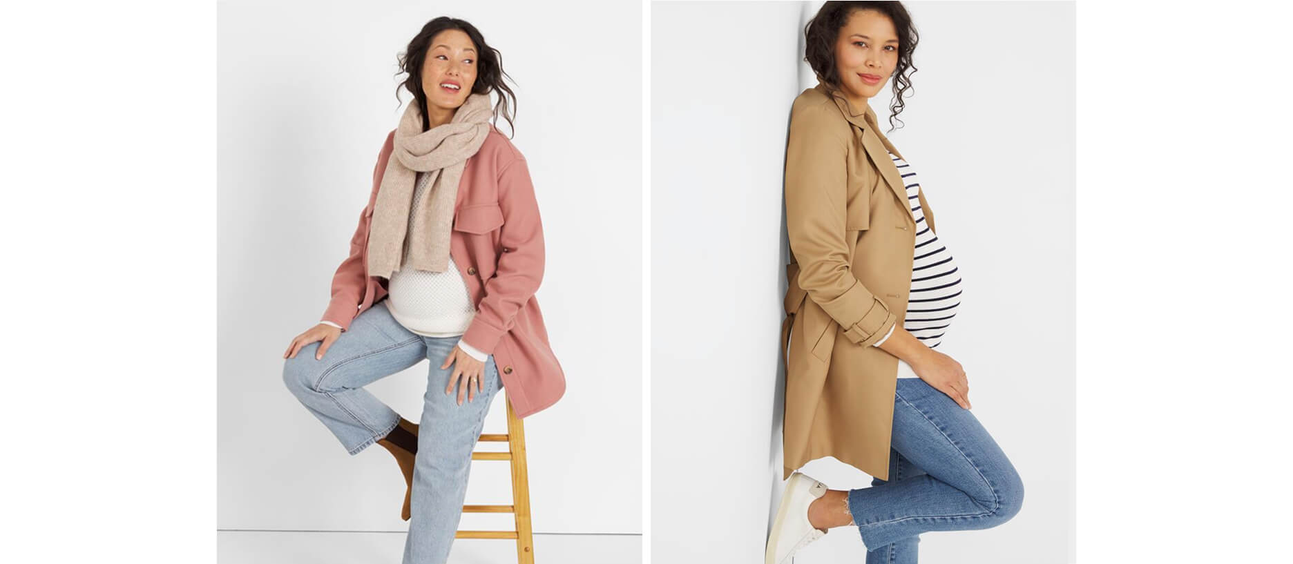 Femmes dans des vêtements de maternité élégants, y compris des vestes, des jeans et des foulards