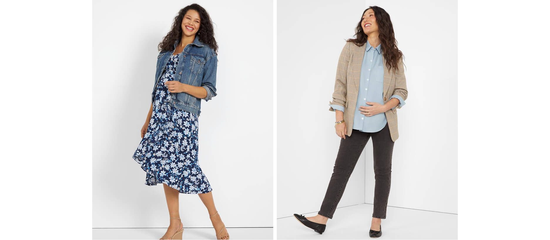 Deux femmes dans des vêtements de maternité, y compris les vêtements de bureau et les vêtements d'été