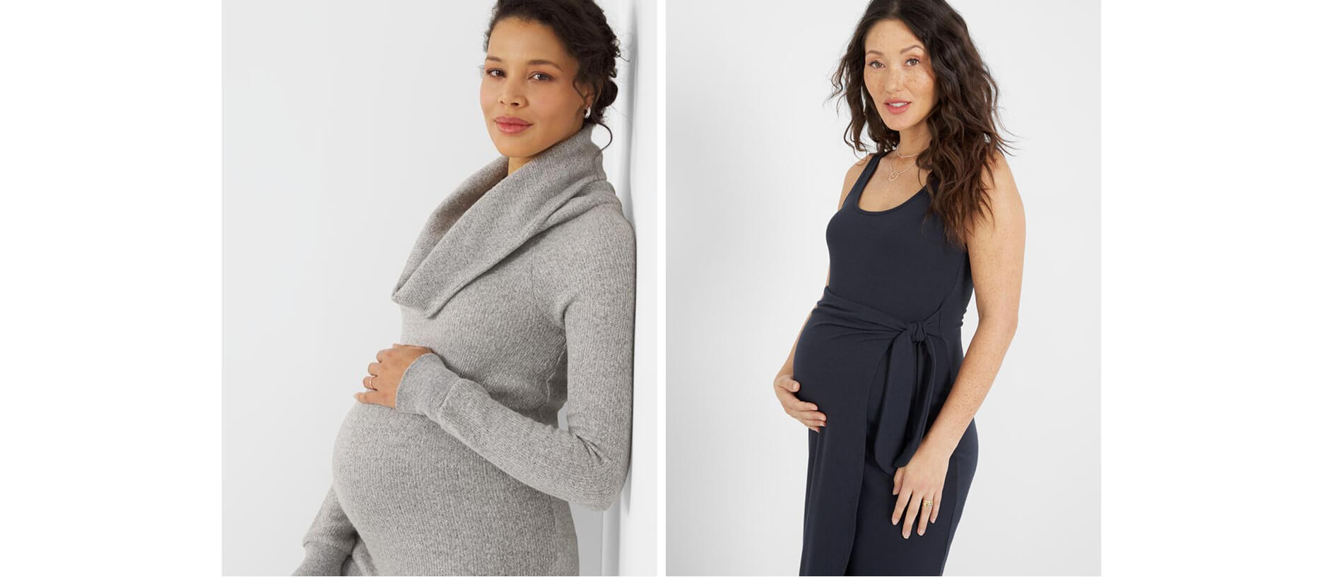 Deux femmes dans des vêtements de maternité, y compris une robe de maternité et une robe de pull de maternité
