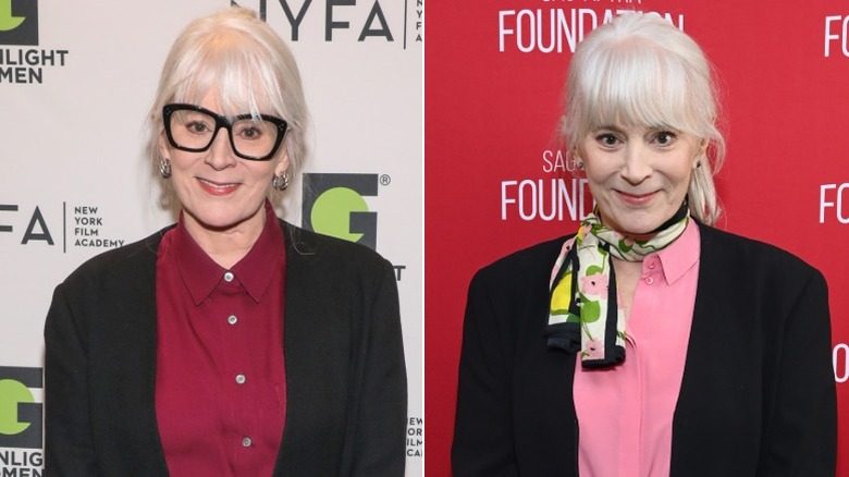 Patricia Richardson lors de deux événements, l'un dans une chemise boutonnée rouge et l'autre dans une chemise rose