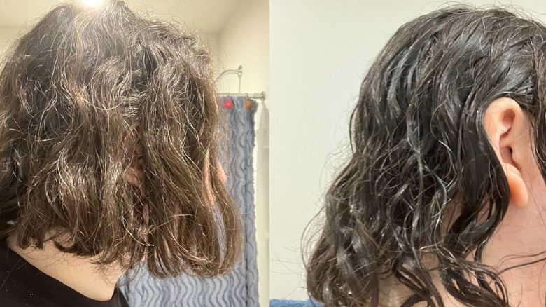 Cheveux bouclés avant et après avoir utilisé le shampooing volumant VO5