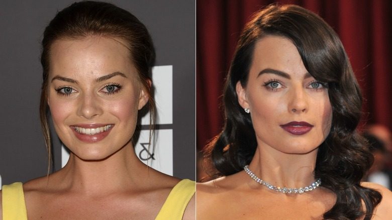 Margot Robbie en 2011 avec ses cheveux bruns légers naturels et avec des cheveux brun foncé en 2014