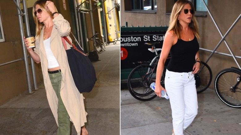 Une photo côte à côte de Jennifer Aniston portant des tenues décontractées (un débardeur blanc avec un pantalon vert à gauche et un débardeur noir avec un pantalon blanc à droite)