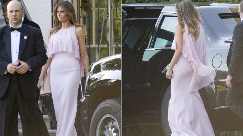 Melania Trump portant une robe en mousseline rose fluide à Steven Mnuchin et le mariage de Louise Linton en 2017