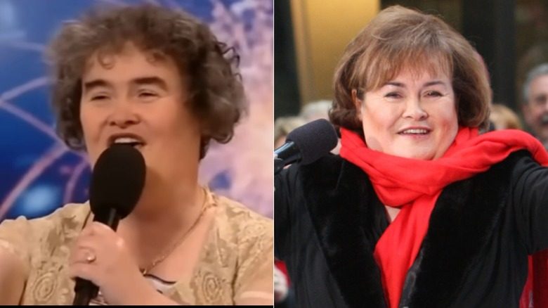 Susan Boyle chantant et portant un manteau noir
