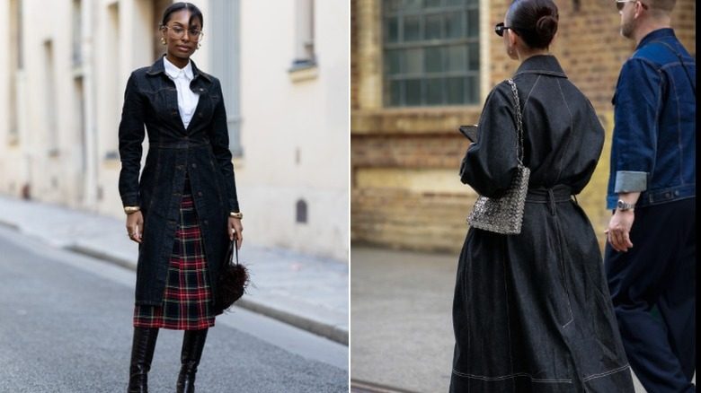 Deux femmes portant de longs manteaux en denim