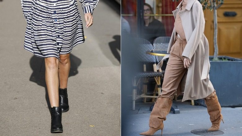 Femmes portant des bottines à gauche et des bottes en daim à droite