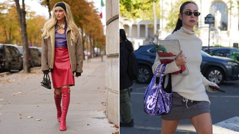 Une femme portant un haut violet et une jupe rouge à gauche et une femme portant un sac violet à droite