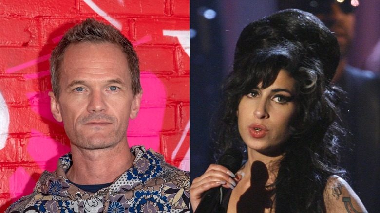 Neil Patrick Harris posant sur fond rouge et Amy Winehouse avec de longs cheveux noirs