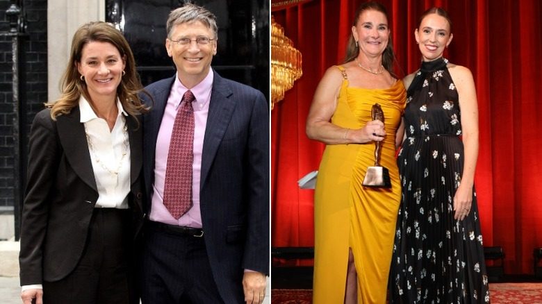 Melinda French Gates portant un costume avec Bill Gates en 2010 à gauche, et Melinda French Gates portant une robe jaune audacieuse en 2025 à droite