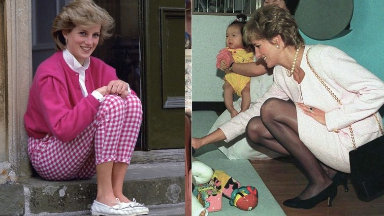 La princesse Diana porte des mocassins blancs fermés à gauche et des talons fermés à droite