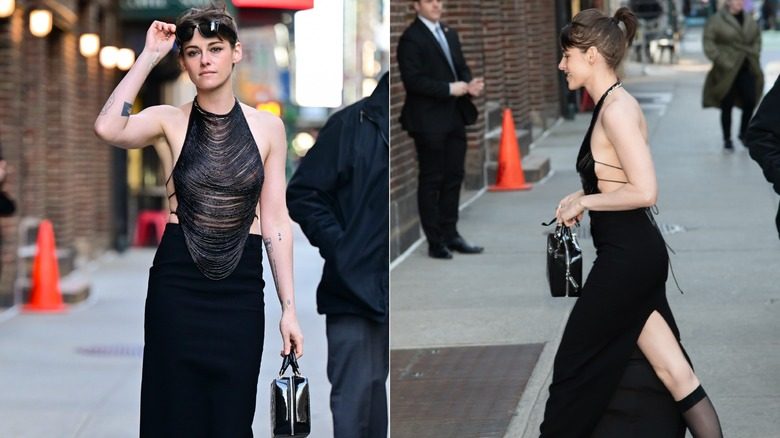 Kristen Stewart marchant dans un haut et une jupe noirs