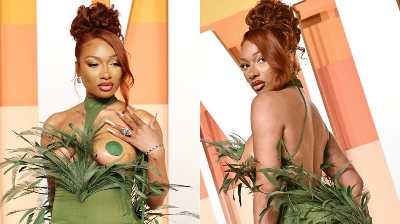 Megan Thee Stallion porte une robe verte avec les seins entièrement découpés à la Vanity Fair Oscar Party