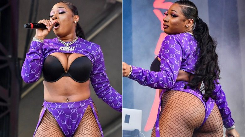 Megan Thee Stallion porte un deux-pièces violet chez Lil Weezyana lors d'un spectacle sur scène