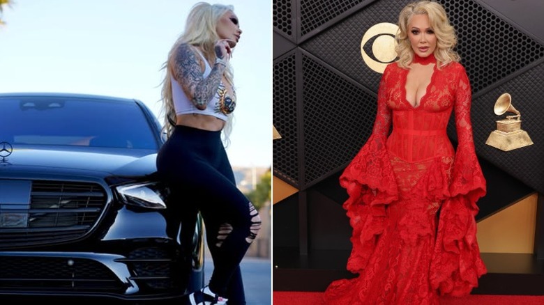 Bunnie Xo s'appuyant sur sa Mercedes et posant aux Grammy Awards