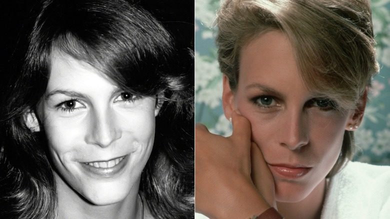 Jamie Lee Curtis sourit en 1980 à New York (1980) ; Jamie Lee Curtis pose en portrait en studio en 1987 (1987)