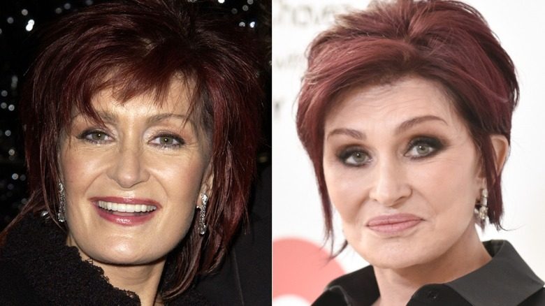 Sharon Osbourne sourit pendant "Meurs un autre jour" - Première à Los Angeles au Shrine Auditorium de Los Angeles, Californie, en novembre 2002 (2002) ; Sharon Osbourne arrive à la 30e soirée annuelle de visionnage des Oscars de la Elton John AIDS Foundation le 27 mars 2022 à West Hollywood, Californie (2022)