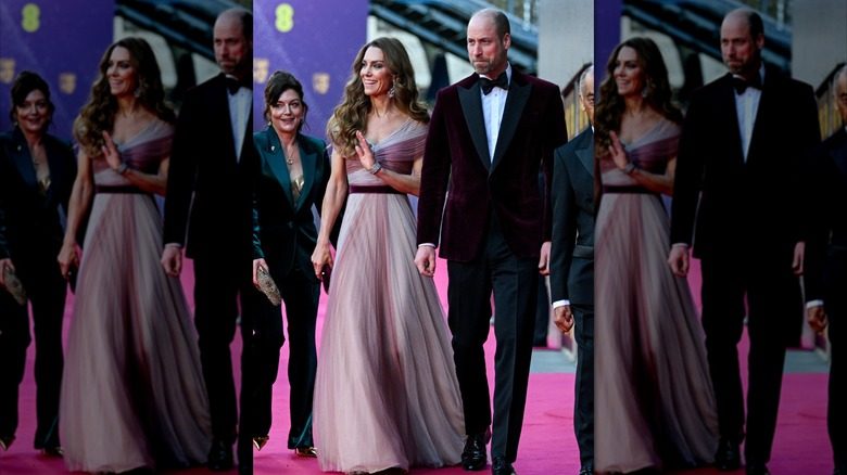 Le prince William, prince de Galles, et Catherine, princesse de Galles, arrivent avec Jane Millichip, PDG de la British Academy of Film and Television Arts et Lord-Lieutenant du Grand Londres Ken Olisa, aux BAFTA Film Awards 2026, au Royal Festival Hall, Southbank Centre, le 22 février 2026.