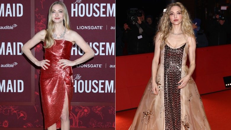Amanda Seyfried dans une robe rouge scintillante en 2025 et une robe beige en 2026