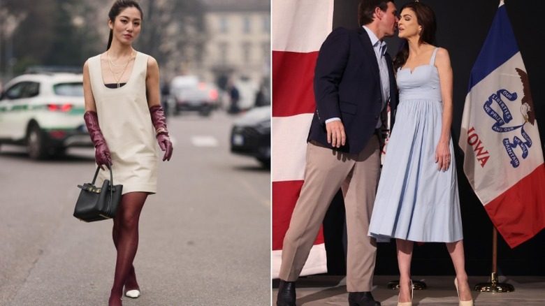 Un invité de la Fashion Week porte des gants longs avec style, et Casey DeSantis porte une robe formelle sans gants.