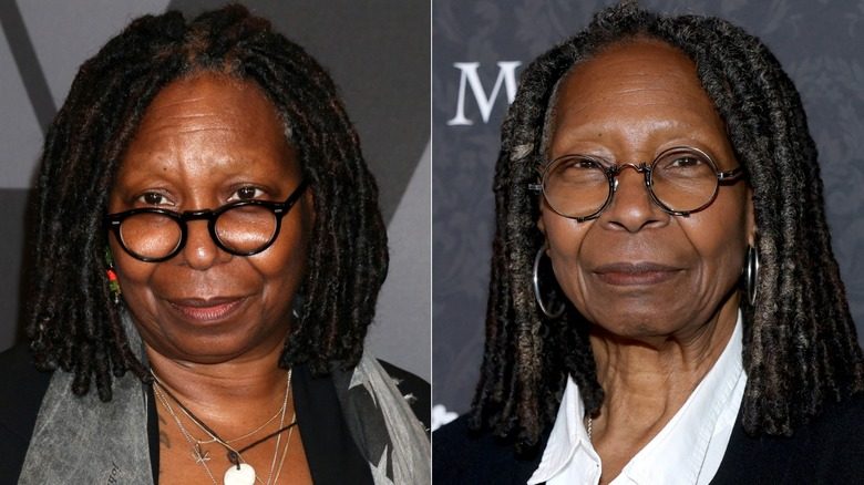 Photos côte à côte montrant la perte de poids de Whoopi Goldberg autour du cou