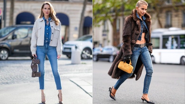 L : Une influenceuse de mode pose pour des photos lors d'une séance photo de rue à Paris / R : L'influenceuse de style Caro Daur se fait photographier en train de se rendre à un défilé Miu Miu pendant la fashion week