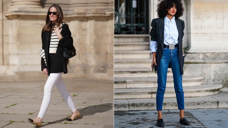 G : Une influenceuse mode pose pour une photo lors d'une séance photo de rue à Paris / R : Un invité arrive pour le défilé Louis Vuitton lors de la Fashion Week de Paris en 2019