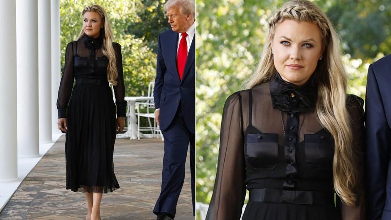 Erika Kirk (à gauche), épouse du défunt militant conservateur Charlie Kirk, arrive avec le président américain Donald Trump alors qu'il remet à titre posthume la Médaille présidentielle de la liberté à Charlie Kirk lors d'une cérémonie dans la roseraie de la Maison Blanche le 14 octobre 2025.