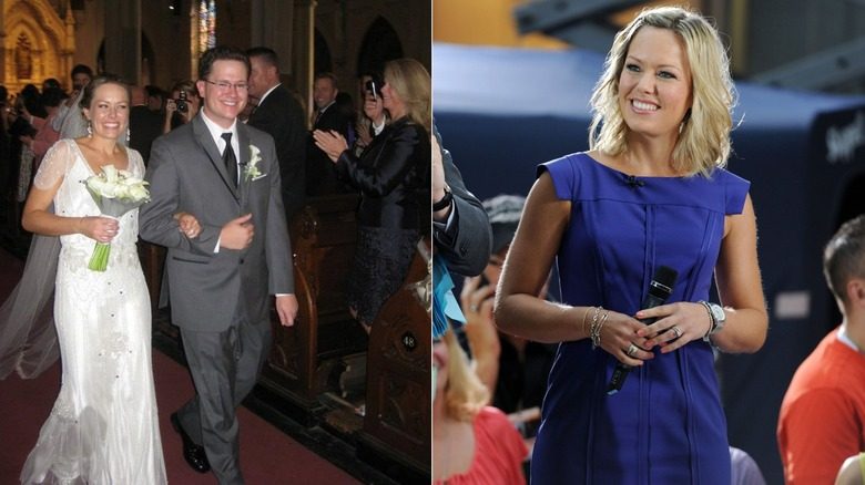 Une photo de Dylan Dreyer marchant avec son mari lors de leur mariage et une d'elle vêtue d'une robe bleue