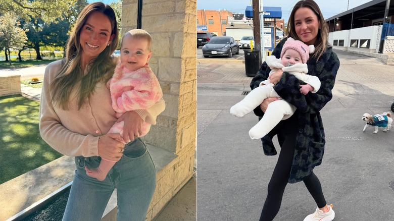 Margo Martin en tenue décontractée alors qu'elle tient un bébé dans ses bras