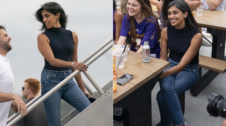 Usha Vance dans un débardeur noir sans manches et un jean skinny