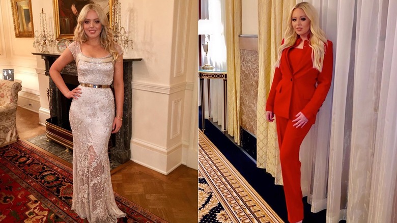 Tiffany Trump porte une robe argentée glamour et un costume rouge