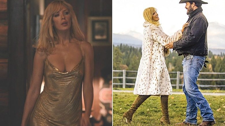 Beth Dutton porte une robe dorée et un manteau en fausse fourrure pour épouser Rip