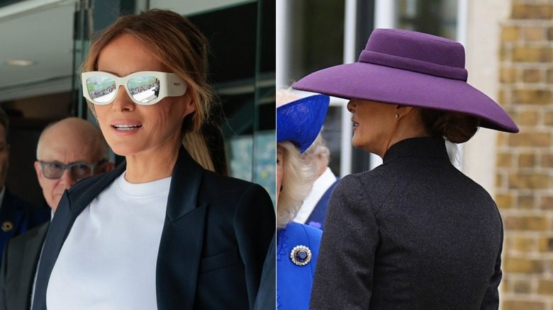 Melania Trump, côte à côte, regarde à partir de la taille. À gauche : Melania porte une paire de grandes lunettes de soleil blanches à verres miroir, une robe blanche et un blazer noir perché sur ses épaules. À droite : Melania porte un chapeau violet à larges bords qui s'incurve vers le bas et couvre ses yeux. Elle porte également une robe gris foncé à col montant.