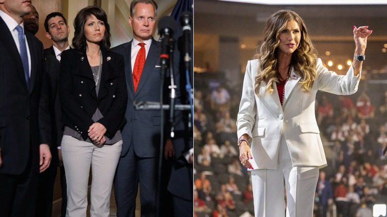 Kristi Noem avant MAGA en tenue professionnelle brute versus après la transformation de MAGA en combinaison puissante