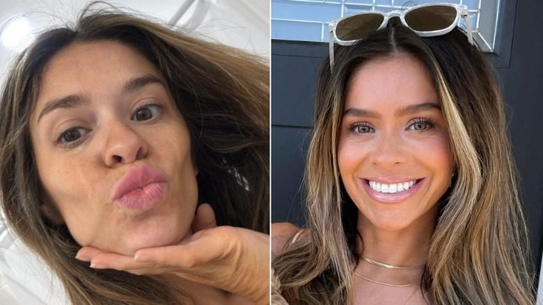 Comparaison côte à côte de Taylor Frankie Paul avec du maquillage ou sans maquillage. À gauche : Taylor pose pour une séance photo professionnelle, ses sourcils sont très foncés tandis que son rouge à lèvres et le reste de son maquillage sont pâles. À droite : un selfie de Taylor, au visage frais, faisant la moue devant la caméra. Ses sourcils sont naturels et épais, pas de couleur très foncée.