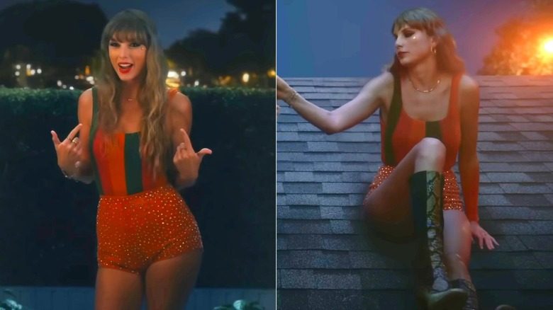Taylor Swift porte un débardeur à rayures arc-en-ciel, un mini short orange recouvert de strass et une paire de bottes en peau de serpent vertes et noires. Ses cheveux sont détachés et ondulés, avec une frange émoussée.