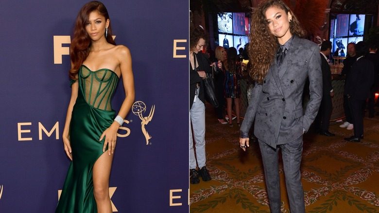 Zendaya dans une robe verte et un costume gris en 2019