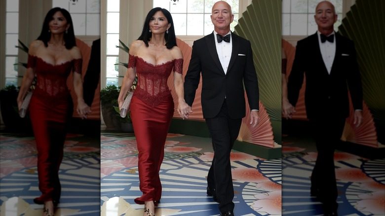 Lauren Sanchez Bezos porte une robe rouge à épaules dénudées avec un bustier en dentelle lors d'un événement à la Maison Blanche en 2024.
