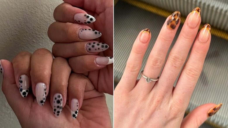 Une manucure à imprimé dalmatien et une manucure guépard française avec un ongle accentué