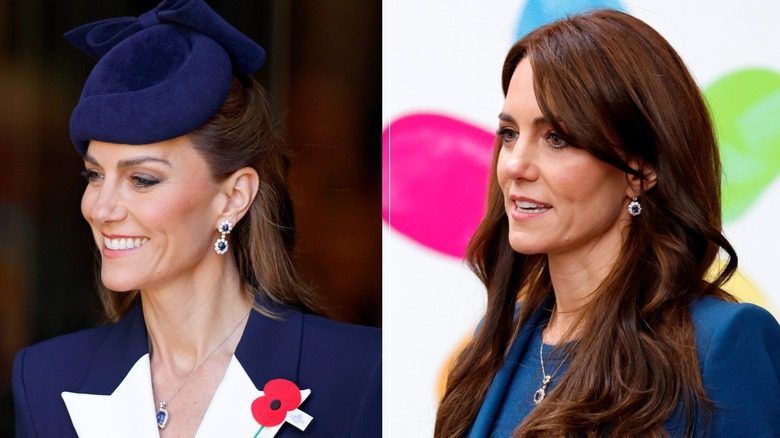 Kate Middleton porte des boucles d'oreilles en saphir double et des boucles d'oreilles en saphir unique lors de ses apparitions publiques