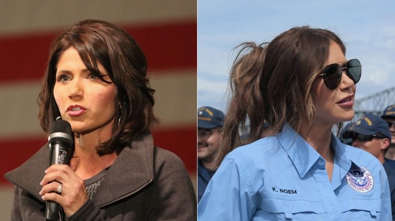 Aux côtés de Kristi Noem avec un lob agité en 2016 et avec un chignon en désordre en 2025