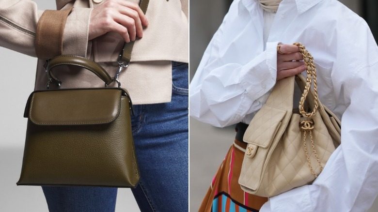 Un sac vert olive uni et un sac Chanel ivoire orné de détails dorés