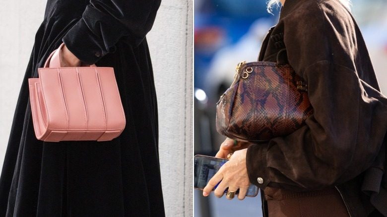 Une femme portant un micro-sac à main et une autre portant une pochette surdimensionnée