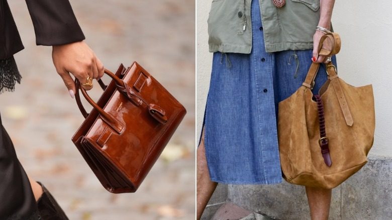 Une femme porte un sac à main marron structuré et une autre porte un fourre-tout souple.