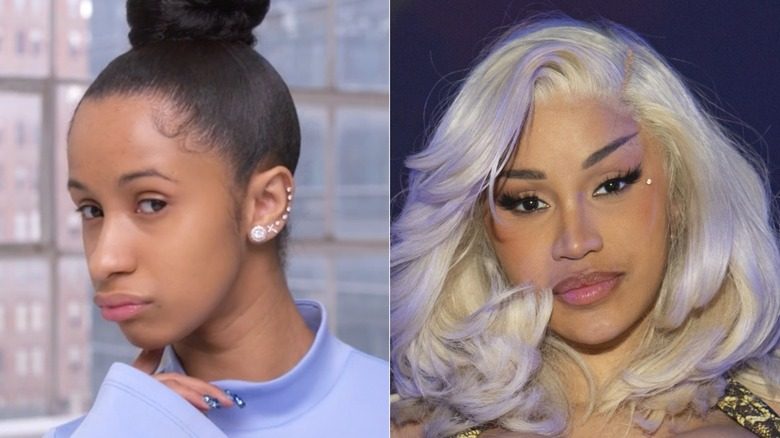 Aux côtés de Cardi B avec et sans maquillage. À gauche : les sourcils de Cardi sont foncés et présentent une très légère arche et une petite queue. À droite : les sourcils de Cardi sont fortement inclinés vers le haut et sont remplis de noir.