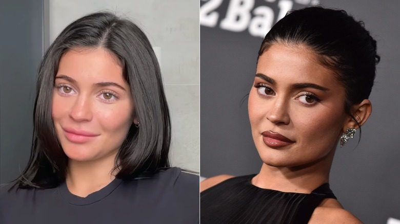 Côte à côte de Kylie Jenner avec et sans sourcils naturels. À gauche : les sourcils de Jenner sont brun foncé et pleins, avec une légère courbure. À droite : les sourcils de Jenner sont remplis avec un crayon à sourcils marron foncé.