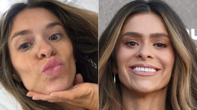 Aux côtés de Taylor Frankie Paul avec et sans ses sourcils. À gauche, elle pose pour la caméra, les lèvres pincées. Ses sourcils naturels sont épais et pleins. À droite, elle est à un événement avec son maquillage terminé. Ses sourcils sont comblés avec un crayon à sourcils marron.